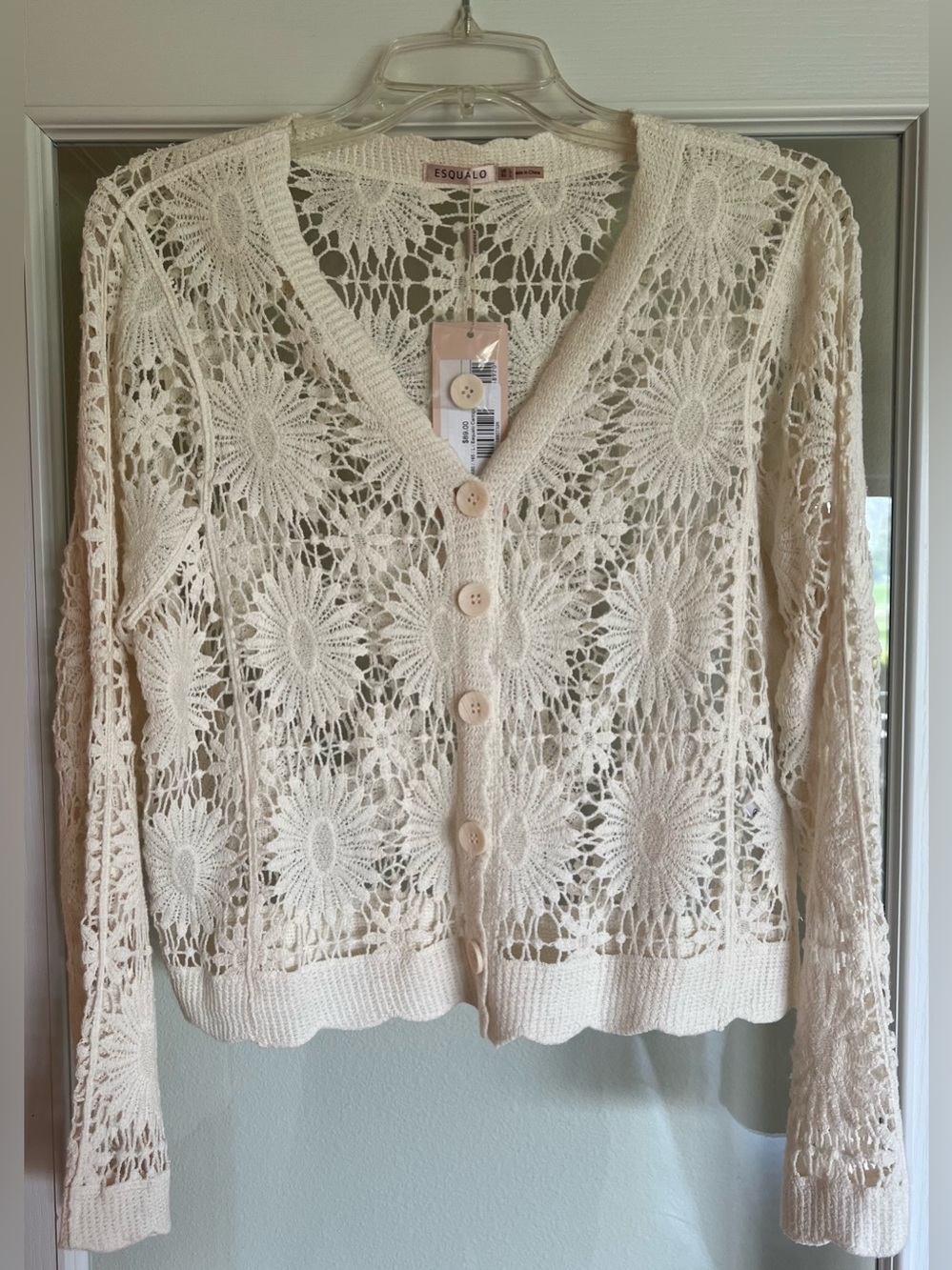 ESQUALO Cream Crochet Floral V-Neck Button Cardigan